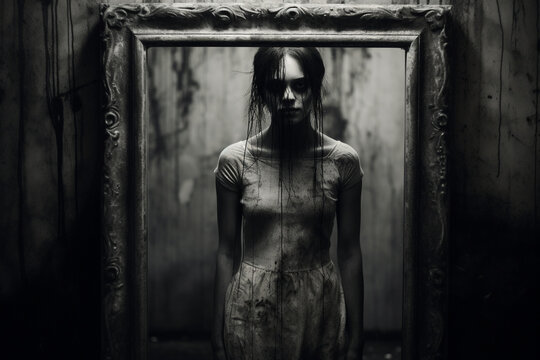 Horror, fantasy, states of mind, psychology concept. Scary looking woman portrait reflection in mirror. Black and white image