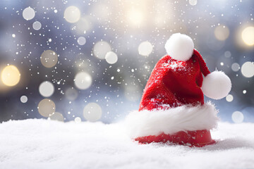 Santa Claus hat on snow with bokeh background, Christmas concept
