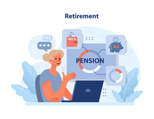 Retirement planning concept. Woman explores pension options, focusing on 401k and IRA benefits. Secure future savings. Flat vector illustration. - obrazy, fototapety, plakaty