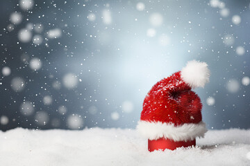 Santa Claus hat on snow with bokeh background, Christmas concept