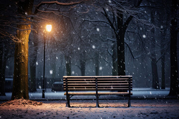 Fototapeta na wymiar Snowfall in the park at night with a bench and a street lamp