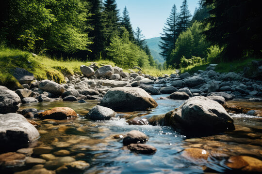 Beautiful mountain landscape with a mountain river and rocks in the foreground