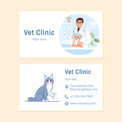 Veterinary visit card design template with text copy space. Young male veterinarian with dog in protective cone and cat with injured paw business card Flat line vet clinic creative vector illustration