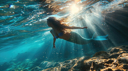 Mermaid swimming underwater with sunbeams filtering through.