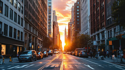 A street of a large city during sunset, with the sun casting a golden glow between the buildings