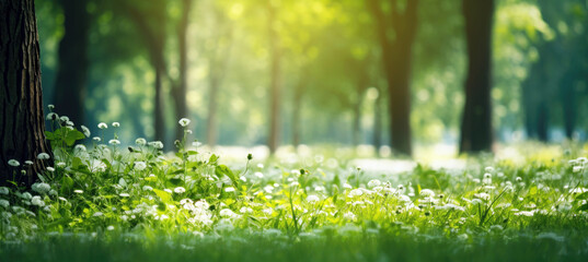 Summer Beautiful spring perfect natural landscape background, Defocused green trees in forest with...