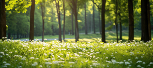 Summer Beautiful spring perfect natural landscape background, Defocused green trees in forest with wild grass and sun beams.