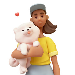 Portrait cute excited smiling brazilian black girl in fashion casual clothes blue jeans, yellow t-shirt holds large fluffy white playful puppy with one hand under arm. 3d render isolated transparent.