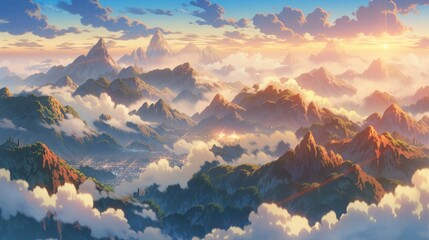 An enchanting anime landscape of a mist-covered mountain range during sunrise - obrazy, fototapety, plakaty