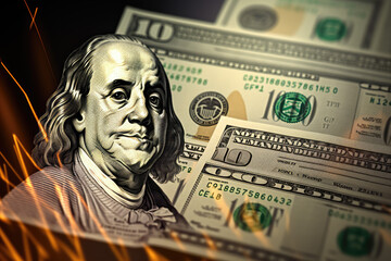 Candle stick graph chart with Benjamin Franklin on the background of one hundred dollar bills