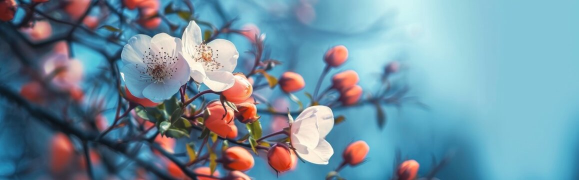 Beautiful spring border, blooming rose bush on a blue background. Flowering rose hips against the blue sky. Soft selective focus