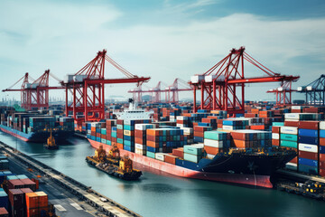 Fototapeta premium Container Cargo freight ship with working crane bridge in shipyard for Logistic Import Export background