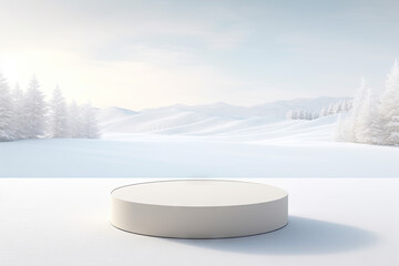 3d render of white podium in winter landscape with forest and snow