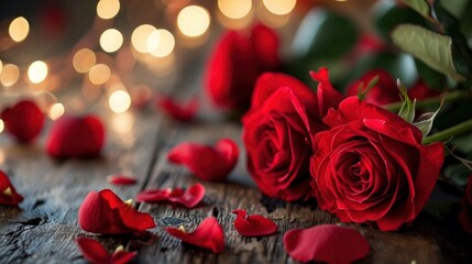 A bunch of red roses sitting on top of a wooden table