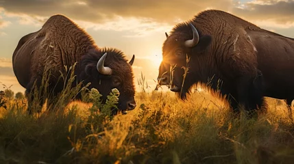 Fototapeten pair of buffalo feeding in a field, wildlife award photography, 16:9 © Christian
