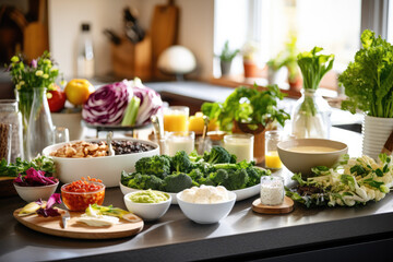 Fresh vegetables on the table in the kitchen. Healthy food concept