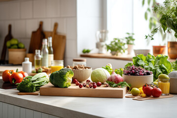 Fresh vegetables on the table in the kitchen. Healthy food concept