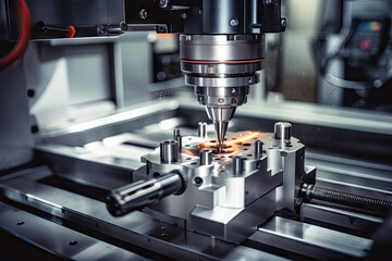 The CNC milling machine cutting the metal part with the sparking light