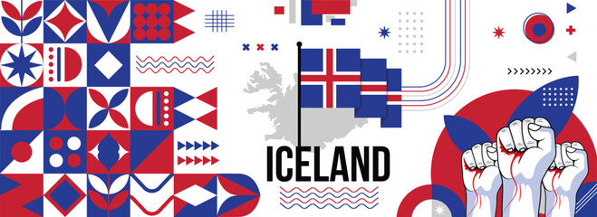 Iceland national or independence day banner for country celebration. Flag and map of Icelanders with raised fists. Modern retro design with typorgaphy abstract geometric icons. Vector illustration