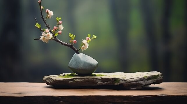 spring scene, beautiful meditation accessories on stone and wood, copy space, 16:9