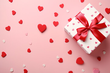 Top view of white Valentine's day gift boxes with hearts in front of pink background