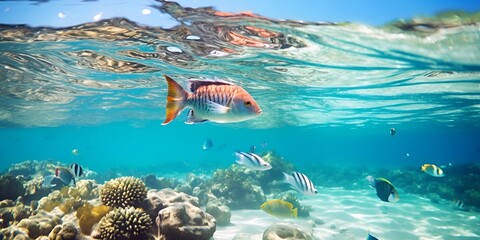Naklejka na ściany i meble A snorkeling adventure with coral reef and vibrant marine life , snorkeling adventure, coral reef, marine life.