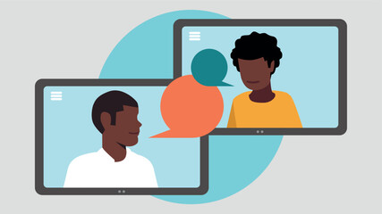 Vektor-Illustration von zwei Tablet-PCs mit Menschen, die miteinander kommunizieren - Business-Konzept