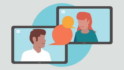 Vektor-Illustration von zwei Tablet-PCs mit Menschen, die miteinander kommunizieren - Business-Konzept