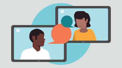 Vektor-Illustration von zwei Tablet-PCs mit Menschen, die miteinander kommunizieren - Business-Konzept