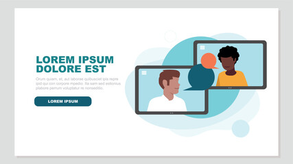 Vektor-Illustration von zwei Tablet-PCs mit Menschen, die miteinander kommunizieren - Business-Konzept