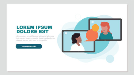 Vektor-Illustration von zwei Tablet-PCs mit Menschen, die miteinander kommunizieren - Business-Konzept