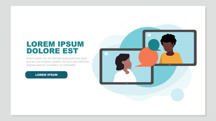 Vektor-Illustration von zwei Tablet-PCs mit Menschen, die miteinander kommunizieren - Business-Konzept