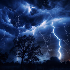 Dramatic Night Sky with Intense Lightning Strikes Over Solitary Tree