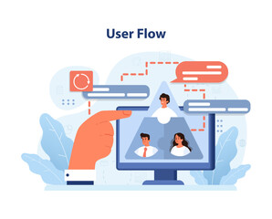 User Flow concept. Hand navigates digital pathway with diverse users, mapping out seamless interactions. Guided journey, interactive design, optimal user experience. Flat vector illustration
