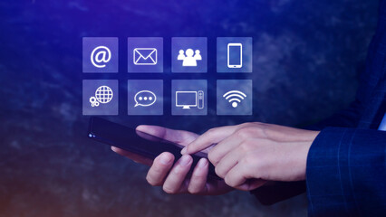 Businessman touching Global network connection digital business hologram on smartphone, Options for Contact and business intelligence concept, Infograph, technology.