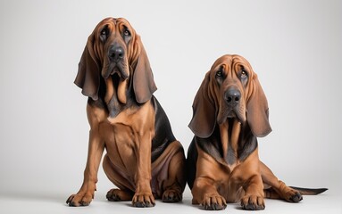 Perros de raza Bloodhound, echados, sobre fondo blanco - obrazy, fototapety, plakaty