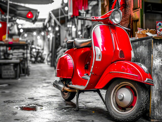 Fototapeta na wymiar Vintage red scooter on a moody street; selective color for a classic, nostalgic feel. Perfect for travel and lifestyle themes.