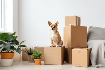 Cute dog sitting on stack of cardboard boxes with household belongings and potted home plants in empty living room. Generative AI - obrazy, fototapety, plakaty