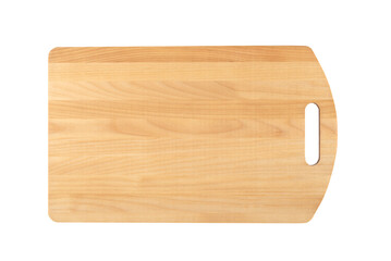 Top view of a wooden cutting board isolated on a white background.