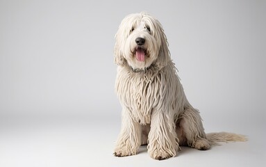 Perro de raza Komondor, sentado, sobre fondo blanco 