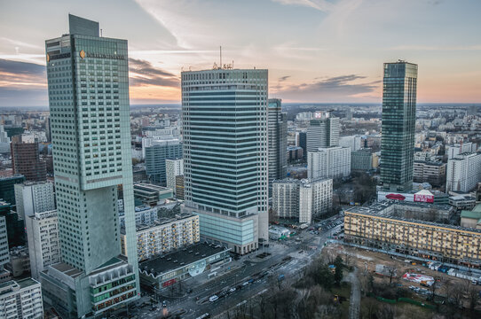 Warsaw, Poland - March 16, 2014: InterContinental Hotel, Warsaw Financial Center and Cosmopolitan tower in Warsaw city
