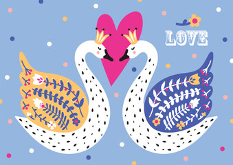 Swans in love. Vector illustration for Valentine's Day. Decorative postcard.