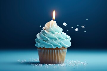 Birthday candle on a cupcake, in the style of light sky-blue and dark white.