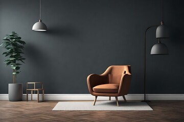 The interior has a armchair on empty dark wall background,3D rendering 