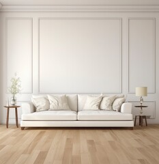 Minimalist living room interior with beige sofa and white wall