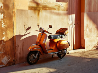 Vintage orange scooter parked by a rustic wall, evoking retro travel and urban exploration.