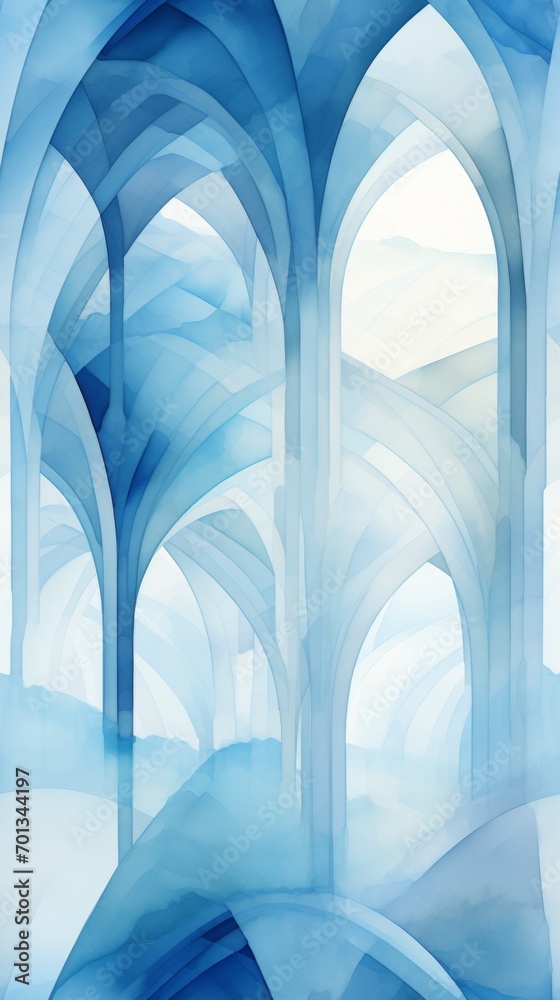 Poster watercolor design featuring italian monastery arches and columns within a geometric framework genera