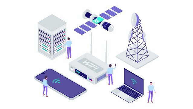 Isometric Broadband Internet Provider Modern Motion Graphic Animation Video. Tiny People people use laptop, smartphone, server and another device to use internet.