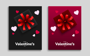 Valentines day greeting card set with 3d red and pink paper hearts, gift boxes. Poster, cover, flyer template. Vector illustration