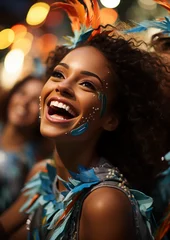 Gordijnen Brazilian carnival, people in costumes, musicians, feathers, sequins, drums © UseeIvan